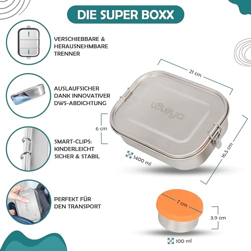 Foto von LULEYA Premium Brotdose Edelstahl mit Fächern - 1400ml Groß - Auslaufsichere Bentobox Lunchbox für Kinder und Erwachsene - Inkl. Mini Dose, Ersatzdichtung, Trennwände und Aufbewahrungsbeutel