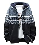 [Ressh.N] ニット パーカー メンズ 秋冬 裏起毛 あったか オルテガ柄 セーター ジップパーカー (M, ネイビー)