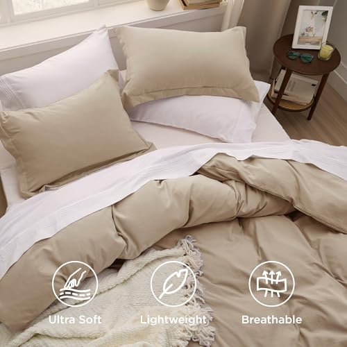 Image of Bedsure Light Brown Duvet Cover Full Size - 3 Pieces Prewashed Extra Soft Cotton-Like Bedding Set, Includes 1 Duvet Cover 80x90 Inches with Zipper Closure & 2 Pillow Shams, Comforter Not Included