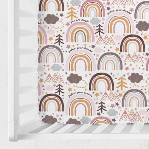 Image of Colorful Boho Rainbow Baby Crib Sheet 52''x28'' Cute Rainbow Mountain Trees Clouds Stars Fitted Crib Mattress Cover for Boy Girl Soft Bed Sheet for Standard Size Crib and Toddler Mattresses