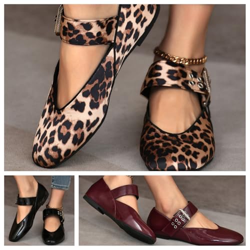 Square-Toe Mary Jane Flats for Women Leopard Print Ballet Flats Comfortable Buckle Strap Casual Shoes Round Toe Slip On Dressy2
