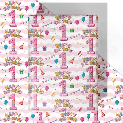 WRAPLULU Pink 1st Birthday Wrapping Paper for Girls 4 Jumbo Sheets 28 x 40 Inches Baby Gift Wrap with HAPPY BIRTHDAY & 1 Perfect for Baby Girls First Birthday Baby Shower or Toddler