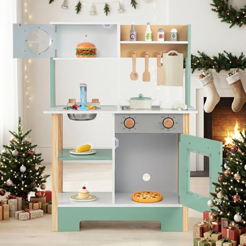 HONEY JOY Play Kitchen with Chalkboard, Wooden Kids Kitchen Playset, Stove, Microwave, Faucet & Sink, 13 Cook Accessories, Storage Cabinet, Toy Kitchen Set, Gift for Toddlers Boys Girls, Green - Image 8