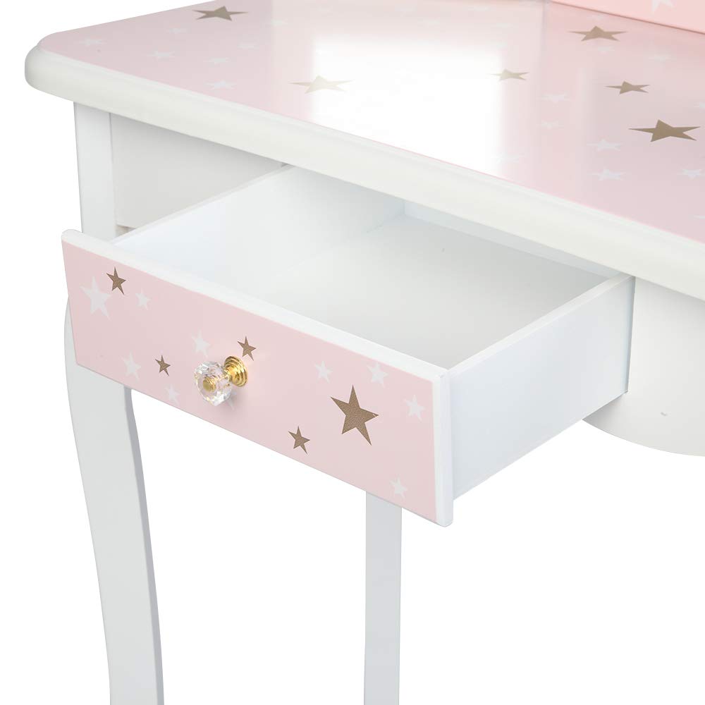 LALAHO Tocador para niños con taburete, mesa de maquillaje para niñas, tocador con cajón con dos espejos plegables de 180° para niñas de 3 a 9 años (Blanco y Rosa)