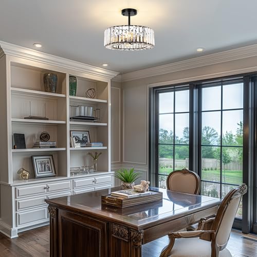 Image of FRIDEKO HOME Semi Flush Mount Ceiling Light - Small Crystal Chandelier Hallway Black Metal Cage Modern Light Fixture for Entryway Bedroom Porch Kitchen (9-Black-4 Light-1pcs-14.56 inch)