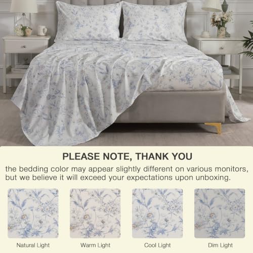 Image of Blue Floral Neutral Percale Sheets Queen Size, Deep Pocket, 4Pcs