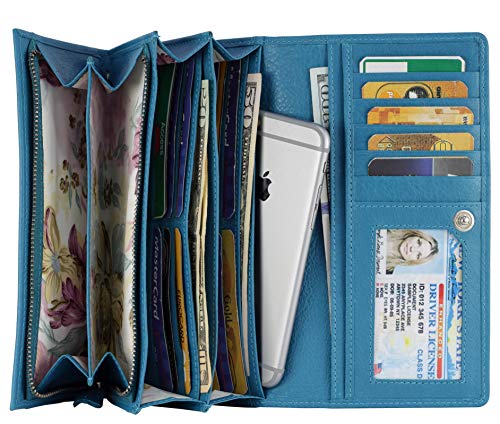 Image of Women's Top Grain Leather Wallet, RFID Blocking Bifold clutch, 17 Card Slots, Zip Pocket Organizer, Elegant Gift for Women - Birthday, Valentine, Anniversary - TURQUOISE