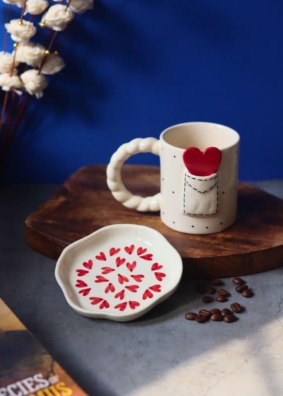 Image of WEAVING HOMES Handcrafted Ceramic Love Letter Mug and Heart Dessert Plate (Set of 2, Multicolor) - Coffee Mugs and Dessert Plates for Birthday Gifts, Mugs for Office and Travel