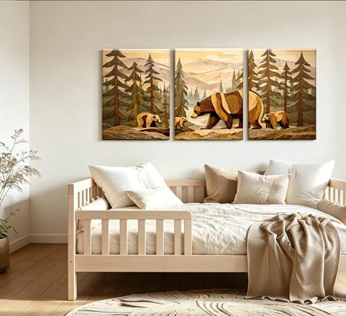 Image of Frimeeme 3-Piece Framed Rustic Forest Bear Canvas Wall Art,16x24 Inch | Woodland Cabin Decor, for Cabin, Farmhouse, Living Room, Bathroom,Ready To Hang