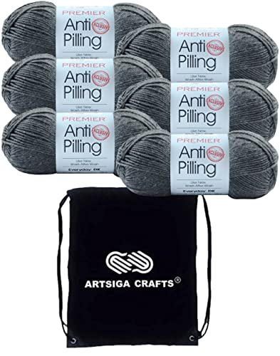 Image of Premier Yarns Anti-Pilling Everyday DK Charcoal 1107-30 (6-Skeins-Same Dye Lot) DK Light Worsted #3 Anti-Pilling Acrylic Yarn for Crocheting and Knitting with Project Bag