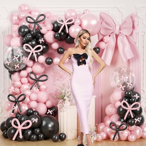 Image of Pearl Pink and Black Balloons Arch Kit, 199Pcs Pink and Black Bow Birthday Decorations with 260 Bubble Pearl Pink Balloons Ribbon for Coquette Bow Theme Birthday Baby Bridal Shower Bachelor Wedding