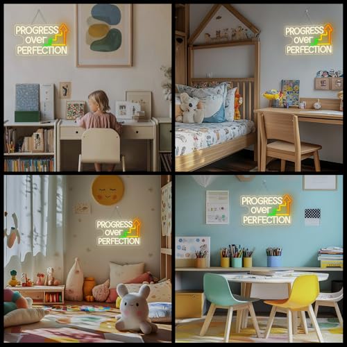 Image of Horseneon Progress Over Perfection Neon Sign Classroom LED Wall Decor for Students, Teachers & Study Areas, USB-Powered with Adjustable Brightness