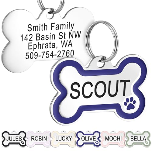 GoTags Stainless Steel Pet ID Bone Round and Heart Shaped Tags with Enamel Paw Design, Personalized Dog and Cat Tags, up to 5 Lines of Custom Text, Engraved on Both Sides (Navy Blue, Small Bone)