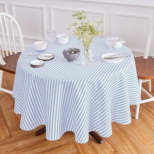 Solino Home Linen 60 Inch Round Tablecloth - Amalfi Stripe, 100% Pure Linen Sky Blue and White Round Tablecloth - Machine Washable Table Cloth for Summer