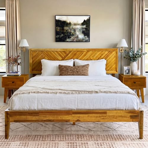 Image of Acacia Sierra Bed Frame with Headboard Solid Wood Platform Bed, Queen Bed Frame, Tall Headboard Wood Bed Compatible with All Mattress Types, No Box Spring Needed, Early American