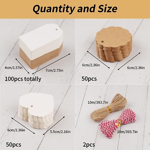 Hoiny Geschenkanhänger, 200 Stück Kärtchen zum Beschriften, Anhänger Papier mit Schnur, Kraftpapier Etiketten für Hochzeit Geschenk, Handmade (Braun, Weiß)
