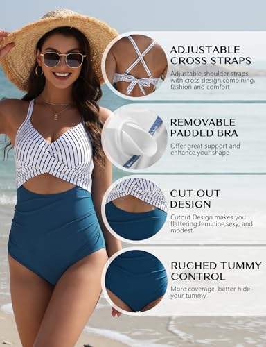 Buauty Women's One Piece Swimsuit Tummy Control Bathing Suits Sexy Cutout Swimwear Full Coverage Swim Suits for Women 2025 Blue Striped