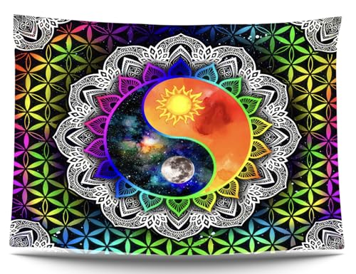 Ulticool – Mandala Yin Yang – Tapisserie phosphorescente dans le noir – Lumière noire sous lumière néon noire réactive aux UV – Psychédélique...