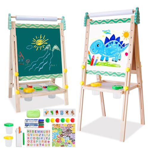Kinder Spiel Tafel aus Holz|Verstellbare Doppelseitige Whiteboard und Tafel-Staffelei mit Buchstaben und Zahlen Aufkleber und Anderem Zubehör für Kinder und Kleinkinder (grüne Streifen)