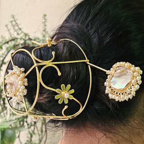 Image of Hair Bun Cage Accessory for Women | Handcrafted Brass Juda Cover with Stick | Anti-Tarnish Traditional Hair Accessory for Wedding & Festive (Baroque Pearl Hair Bun (Golden))