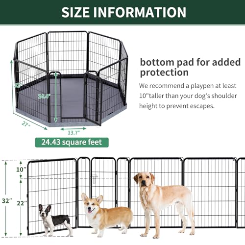 Image of PETIME Dog Playpen,Metal Exercise Puppy Pen Heavy Duty Kennels Yard Fence Indoor /Outdoor 27 inch W x 32 inch H 8 Panels Dog Cage with Octagon Bottom Pad