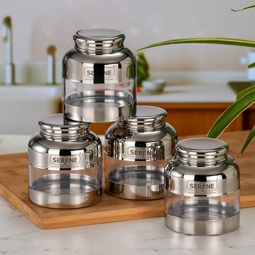 Image of Serene Stainless Steel Exotic See-Through Jar | Airtight Jars for Kitchen Storage | Premium Steel Jars with One Turn Lock Lid | Transparent Stainless Steel Containers | 400ML | 4 PC