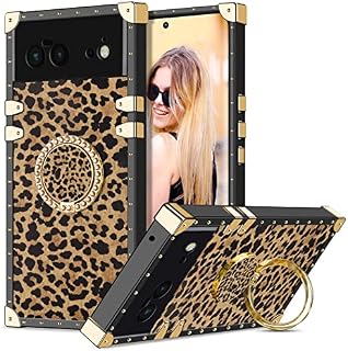 Coolden Compatible with Google Pixel 6 Case with Ring Kickstand Shockproof Square Case for Women Girls Metal Decoration Corner Soft TPU Protective Case Cover for Google Pixel 6 Phone Case (Leopard)
