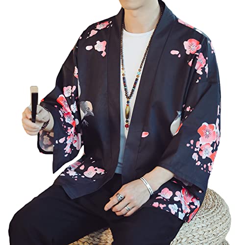 Image of PRIJOUHE Men's Lightweight Kimono Jacket Seven Sleeve Open Front Cardigan Coat Japanese Style Bathrobe