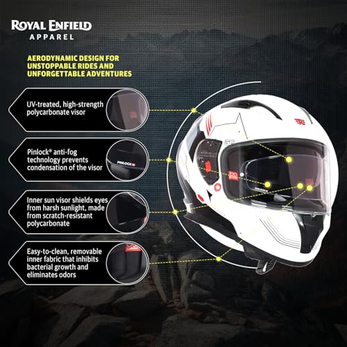 Image of Royal Enfield SPEEDX Full FACE Blitz with Sun Visor & aerodynamic Spoiler | Certification: ISI & DOT | Liner: Dual EPS Expanded Polystyrene| UV Treated Surface | Polygiene Fabric Off-White (M) 58 CM