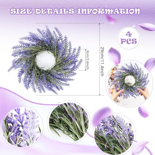 Image of 4 Pcs Lavender Candle Rings Wreaths Mini Purple Wreath Table Centerpieces 3 Inch Floral Wedding Ring Wreaths Pillar Lavender Candle Holder for Spring Summer Home Door Party Decoration