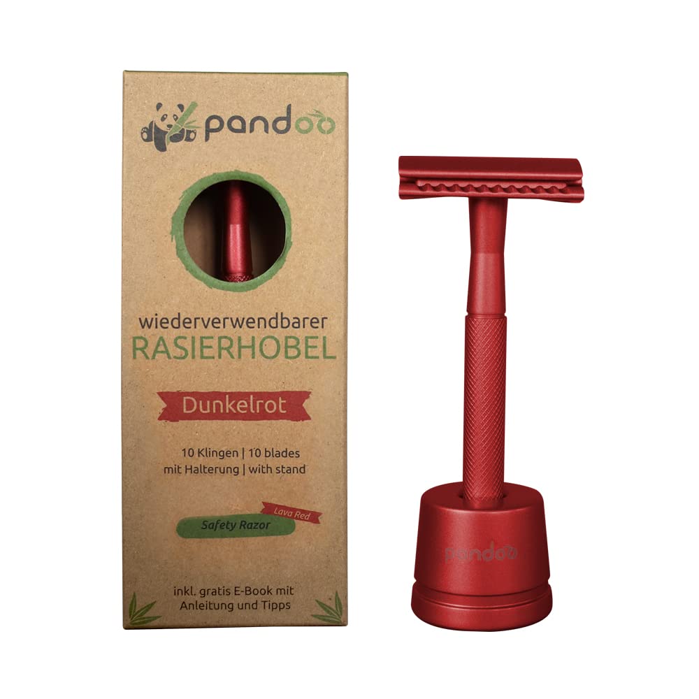 pandooSafety Razor with Holder - Metal - Zero-Waste Razor - Plastic-Free - Safety Razor - Safety Wet Razor - Men and Women (Dark Red)