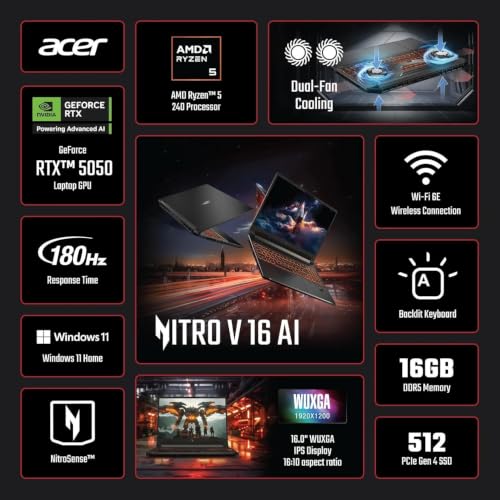 Image of acer Nitro V 16 AI WUXGA (1920 x 1200) IPS 180Hz Gaming Laptop AI PC, AMD Ryzen 5 240 Processor, NVIDIA GeForce RTX 5050 8GB GDDR7 VRAM, 16GB RAM, 512GB SSD, (16 inch, R5, RTX5050)