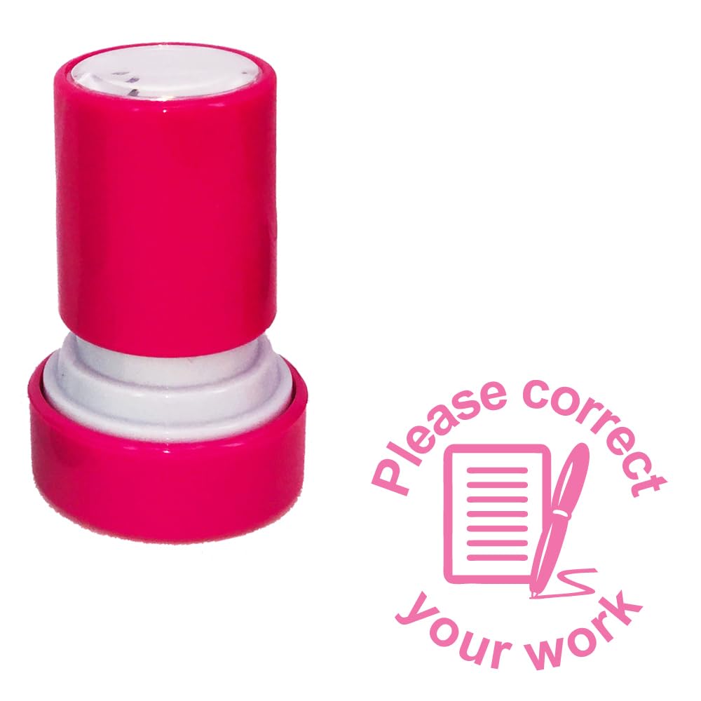 Please Correct Your Work Teacher Stamp. Self-Inking, 22mm, Reinkable, Quality Stamper for Marking and Feedback. Pink Ink*