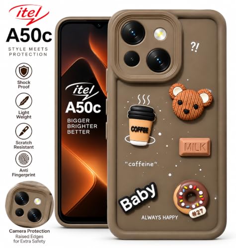 Image of Bintage Back Cover Compatible for Itel A669L / Itel A50C | Cute Fun Ball | 3D Taddy Smiley Coffee | Milk Case | Full Body Protection - Brown