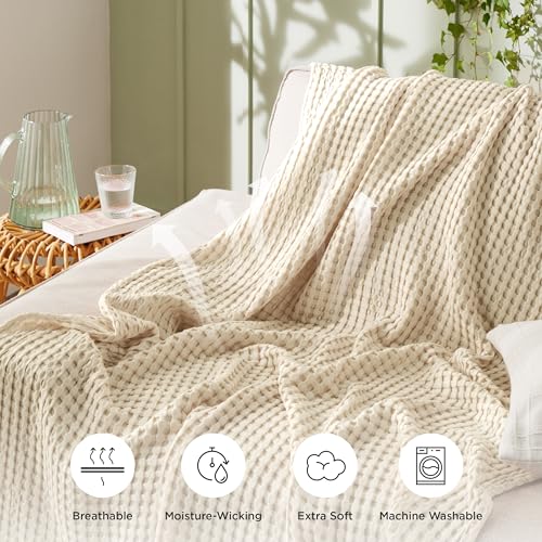 Image of Bedsure Cooling Cotton Waffle Weave Blanket - Lightweight Breathable Blanket of Rayon Derived from Bamboo for Hot Sleepers, Luxury Throws for Bed, Couch and Sofa, Beige, 50x70 Inches