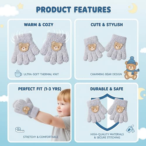 Image of Kraptick Kids Winter Gloves - Ultra-Soft Thick Knit Fuzzy Warm Mittens for Boys & Girls Cute Bear Patch Thermal Hand Warmers for Toddlers & Children -1