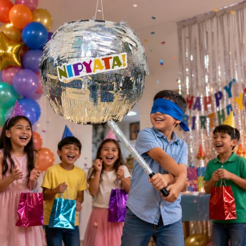 Image of Wanna Party Disco Ball Shaped Pinata Khoi Bag with Stick for Kids & Adults Birthday Party, Fillable Silver Mirror Ball Pinata Game for Disco Theme Party Decoration, Dance & Retro Theme