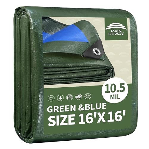 RAINDEWAY 16x16 Feet Tarps Heavy Duty Waterproof 10.5 Mil Outdoors Tarps Multipurpose Poly Tarp Cover with Metal Grommets and Reinforced Edges for Roof Camping Patio Carport Boat Green/Blue