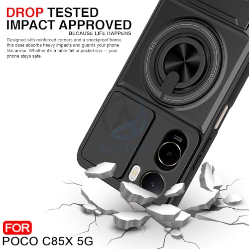 Image of AESTMO Poco C85X 5G Back Cover | Armor Camera Slider 360 Degree Rotating Finger Ring Holder Case with Bracket Stand Back Case Cover (Compatible with MagSafe Accessories) (Black)