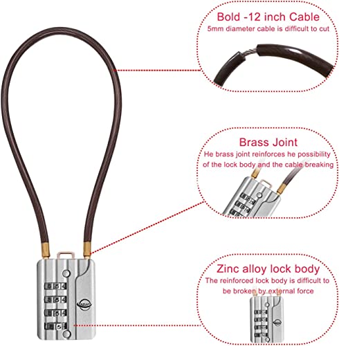 SISAV 30CM/12in Long Cable Locks Cable 4-Digit Combination Lock Re-settable Combination Security Cable Lock Luggage Suitcase Gun Helmet Cable 5mm Diameter Silver - Image 2