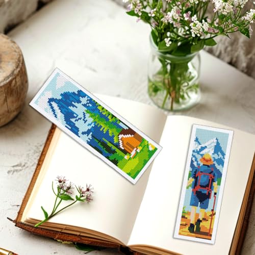Image of INFUNLY 6pcs Camping Theme DIY Cross Stitch Bookmark Kits for Beginner Mountain View Stamped Embroidery Kits with Instruction Tourist Scenery Printed Bookmark Kit for Traveller Book Readers Writers