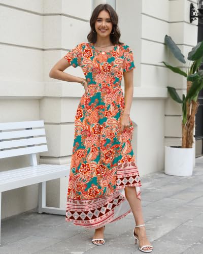 Image of COSSEN Women's Crew Neck Short Sleeve Maxi Dress with Pockets Casual Loose Swing for Wedding Guest Beach Vacation