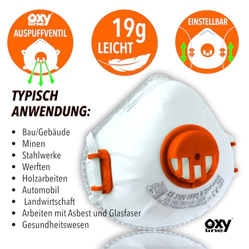 Oxyline XS 310 V FFP3 R D Wiederverwendbare Halbmaske Staubmaske Atemschutzmaske Schutzmaske mit Ventil, EXTRA FIT 10 Stk