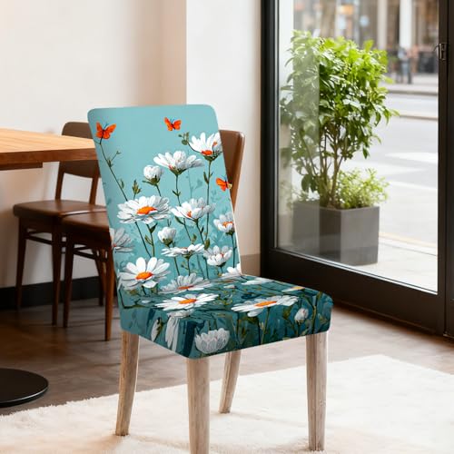 Image of Nuxovilar Blue Daisy Orange Butterfly Stretch 23.6x70in 4PCS Covers | Stretch Slipcover Floral Protector Flower Wrap Seat Guard Dining Room Kitchen Garden Theme Party (Daisy Butterfly)
