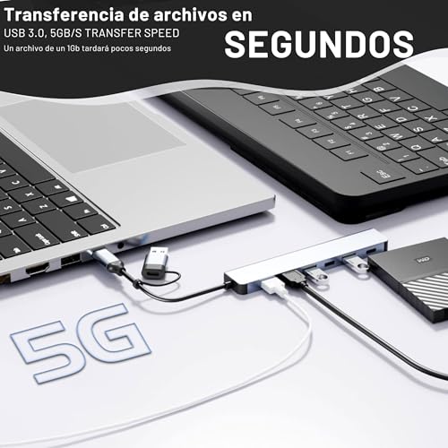 Hub USB C 7 en 1, Adaptador USB C con USB 3.0 + 2 Tipo C, Carga PD 100W, 5 Puertos USB 3.0, USB C Hub Multipuerto para Portátiles, Compatible PC, Tableta, MacBook Air/Pro, iPad Pro, iPhone 16 Pro MAX - imagen 3