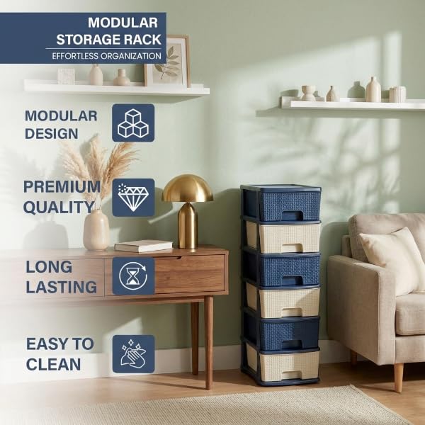 Image of Plastic Modular Drawer Storage Chest Of Drawers Organizer Storage Box, Large Stomo Racks For Multipurpose Anti-slip Shoes Organizers (White & Blue, 6 Layer)