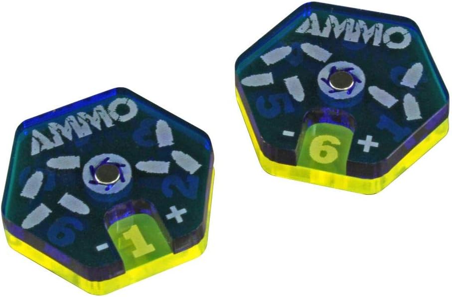 LITKO Gaslands Miniatures Game Dials | Compatible with Gaslands | Refulled | Gear | Ammo | Vote | Hazard | 2 Pack (Translucent Blue & Fluorescent Yellow -Ammo)