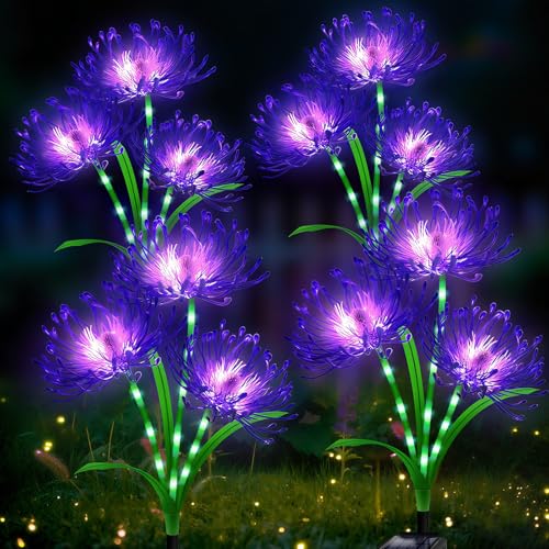 Solar Lights Outdoor 4 Pack Purple Lights - Purple Flower Garden Decorative with Glowing Stems Waterproof IP65 Yard Spider Lily Lights for Pathway Lawn Patio Garden Gifts for Women Mom Grandma