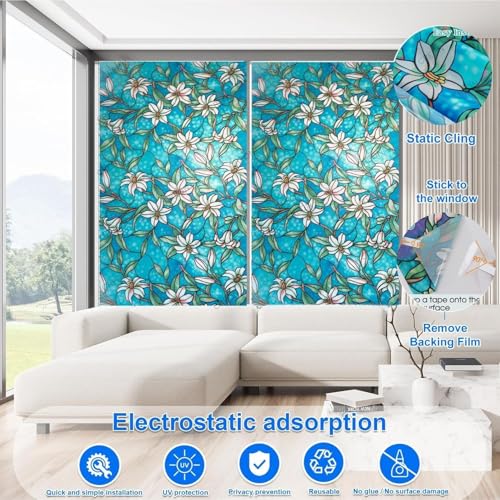 Image of CREON Blue Lily Orchid Flower Pattern (24 X 48 Inch) Decorative Window Privacy Film, Heat Control Sun Blocking Stained Glass Window for Bathroom Front Door