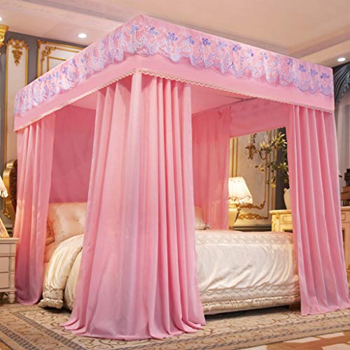 Ciel de lit king size en filet rose pour une décoration de chambre raffinée
